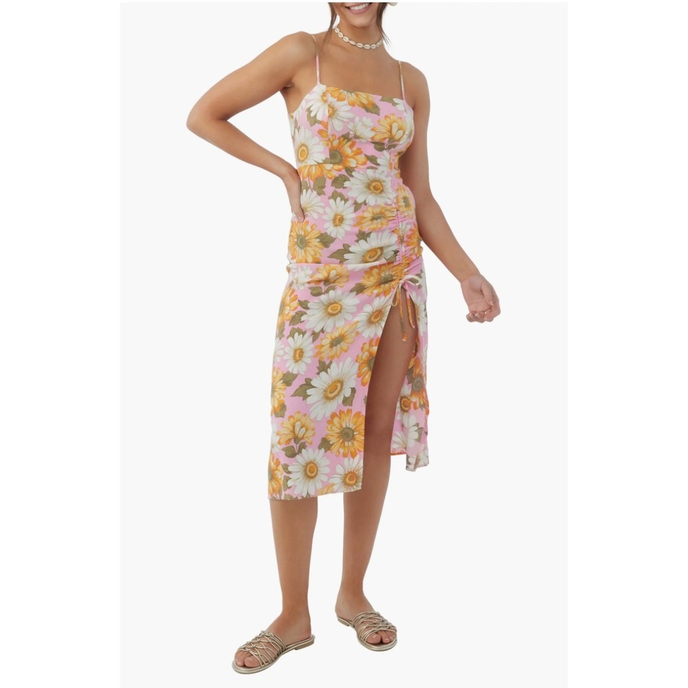 NWOT O'Neill Tavia Midi Dress‎ Women S Pink Sunflower Daisy Side Slit Boho